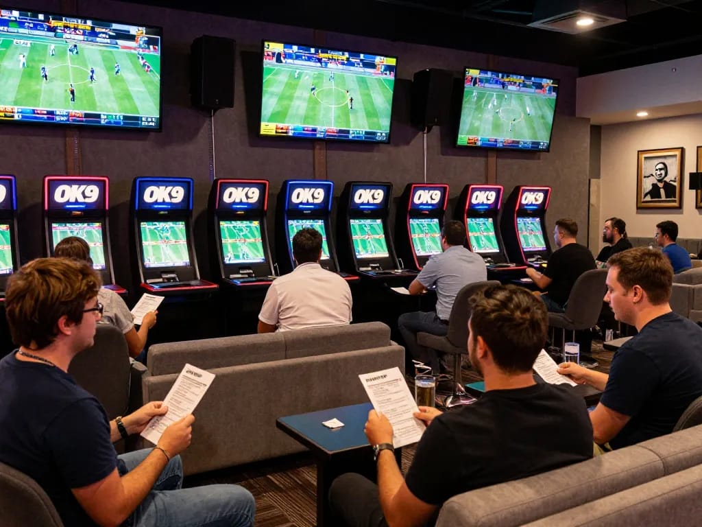 Ok9 bettors enthusiastically engaging in live sports betting at a stylish casino lounge.