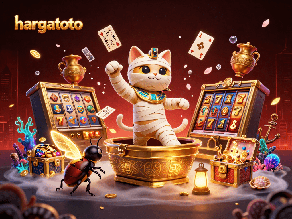 Experience hargatoto's vibrant casino atmosphere with a dynamic mummy cat and glowing games.