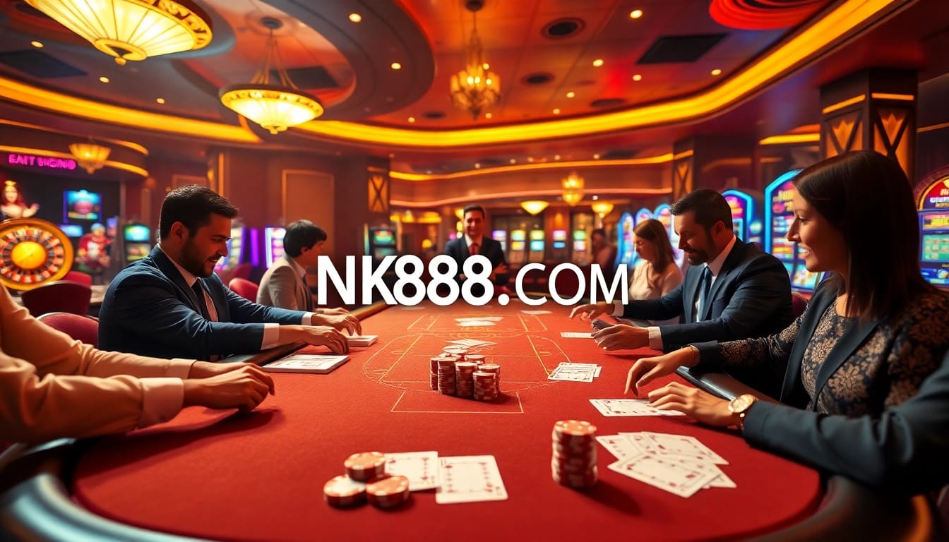 Engage with NK88.COM's thrilling casino experience featuring vibrant tables and excited players.
