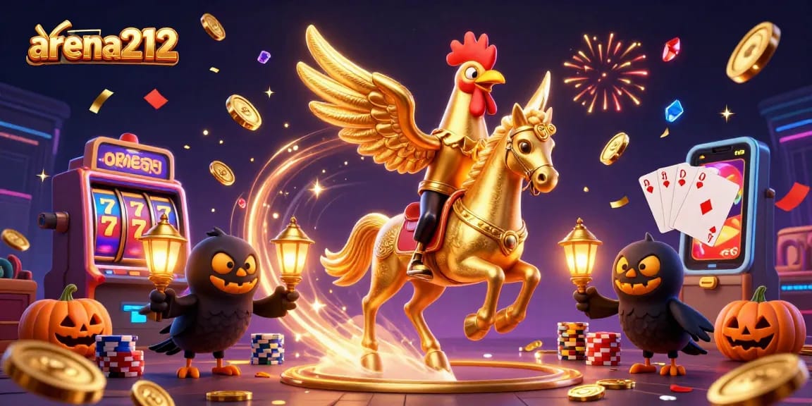 arena212 menampilkan kasino malam dengan karakter unik yang dikelilingi koin emas dan lampion