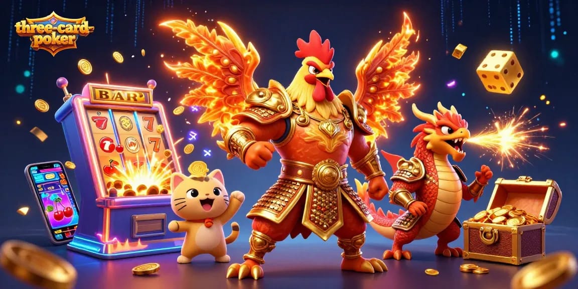 Experience three-card-poker excitement with animated characters and vibrant casino elements