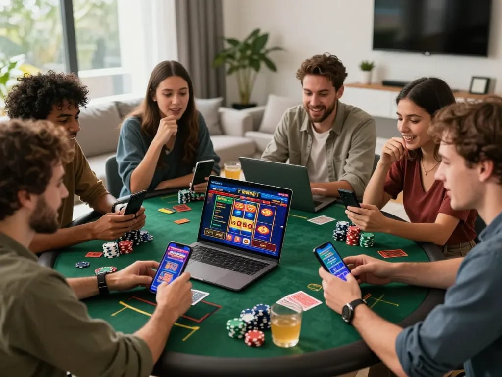 Kuwin online gaming scene capturing friends engaged in thrilling sports betting and slot games.