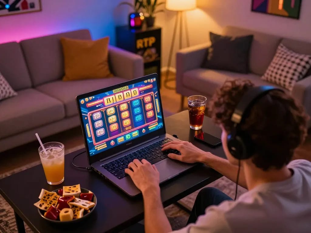 Engaging in a slot gacor game online in a cozy home atmosphere, showcasing colorful graphics and excitement.