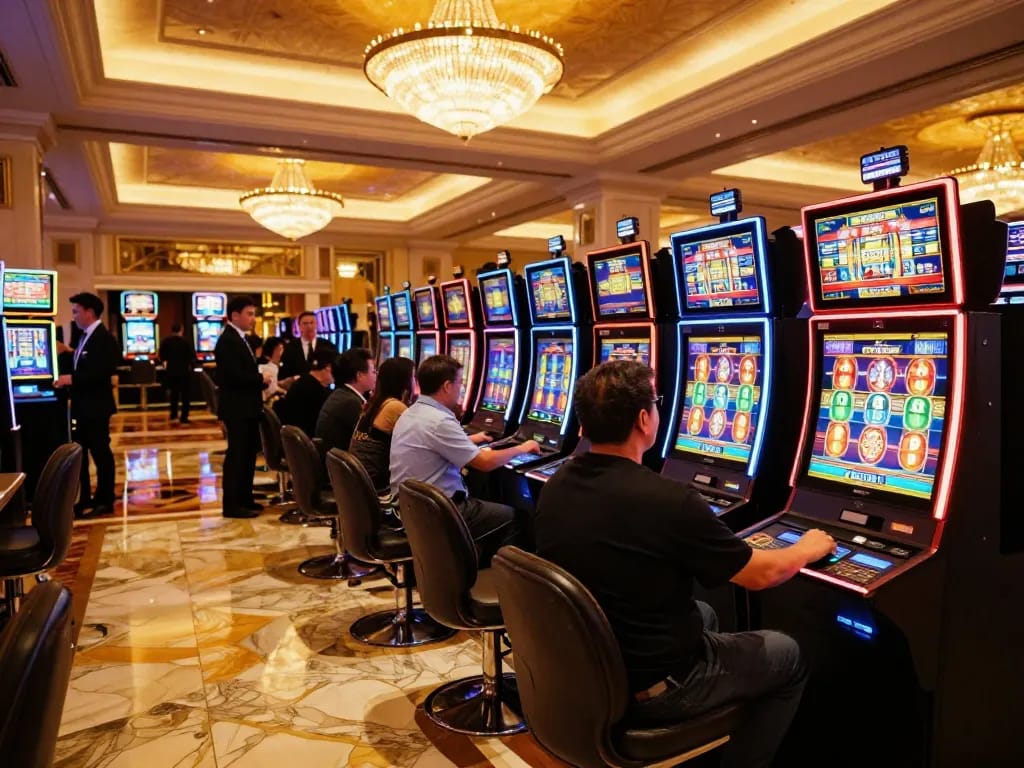 A player spinning the reels at aman788's high-end slot machines in a vibrant casino lobby.