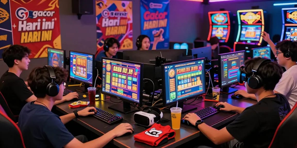 Permainan slot gacor hari ini dengan pemain bersemangat di lounge gaming yang meriah.