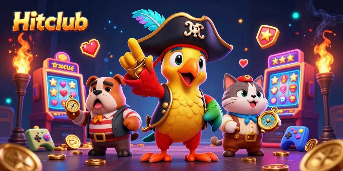Engage with Hitclub's vibrant gaming scene featuring lucky characters and glowing gaming elements for immersive action.