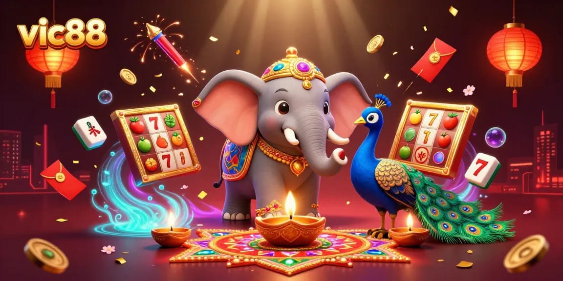 Experience excitement with vic88 featuring a vibrant 3D illustration showcasing slot reels and festive elements.