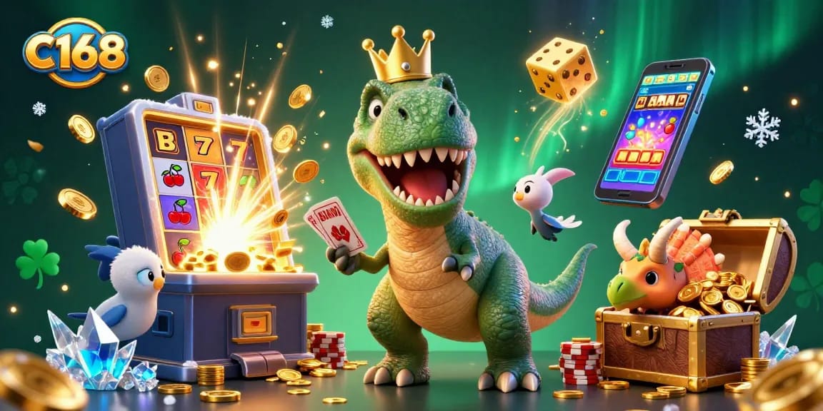 C168 brings joy with cartoon characters enjoying a vibrant casino experience filled with jackpot excitement.