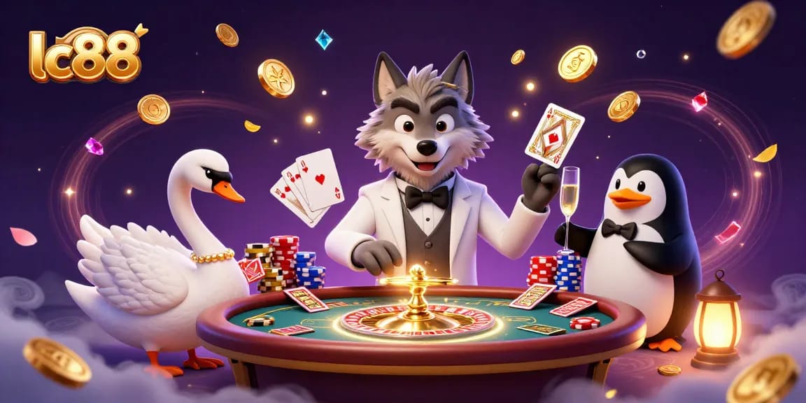 Experience thrilling gaming at lc88's baccarat table with animated characters enhancing the atmosphere.