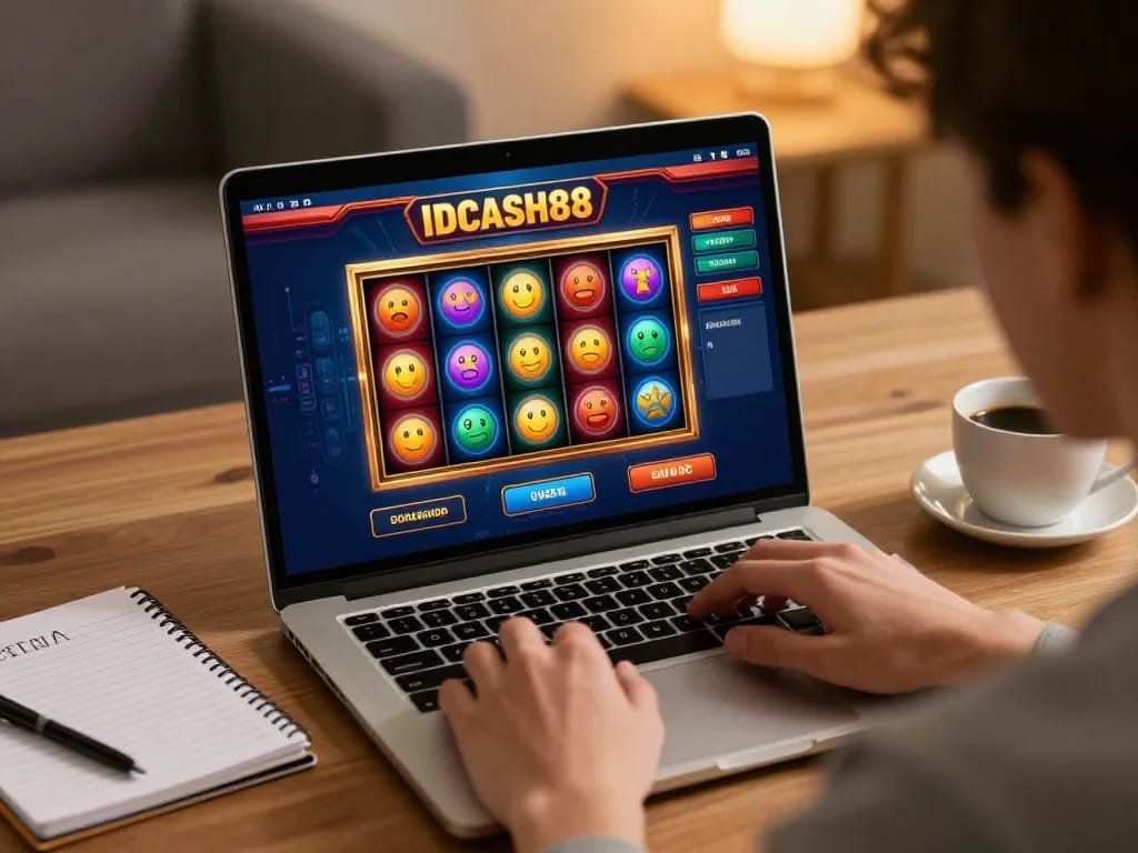 Engaging gaming moment on IDCASH88 with a player enjoying colorful slot reels during online gambling.