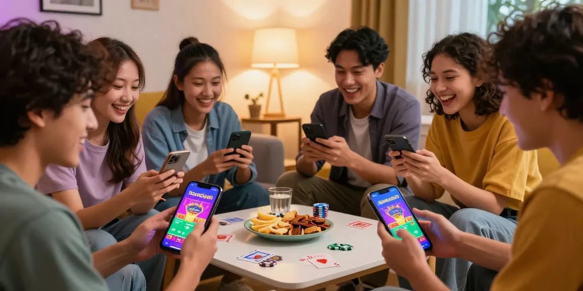 Friends enjoying Teen Patti Gold on smartphones, sharing laughs and strategies, showcasing social gaming fun. Click to go to site for the app.