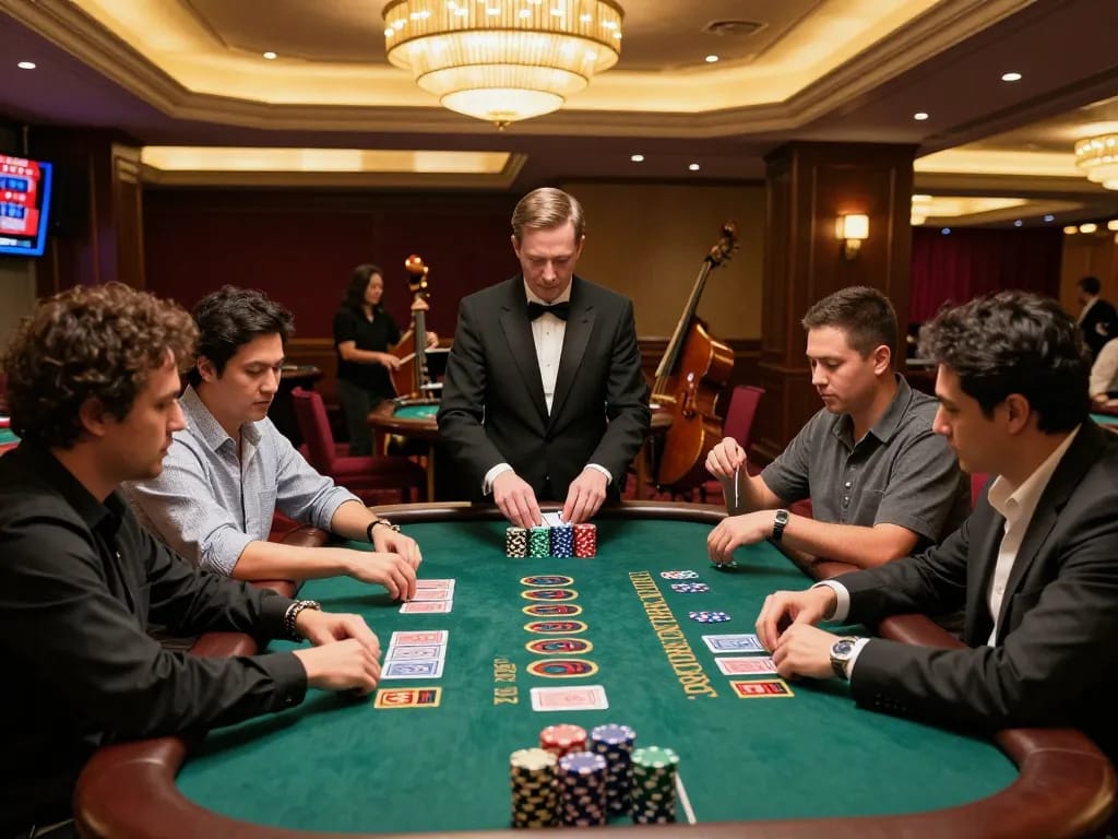 LIGA2000 table gameplay with players strategizing at blackjack in an upscale casino setting