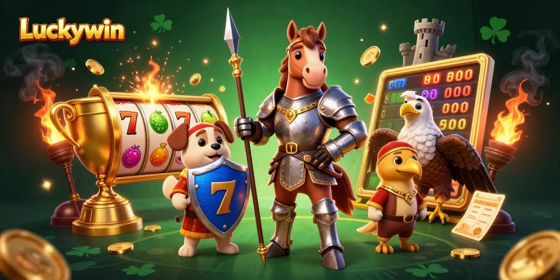Spin to win with Luckywin's immersive 3D casino adventure featuring knights and vibrant slot games.