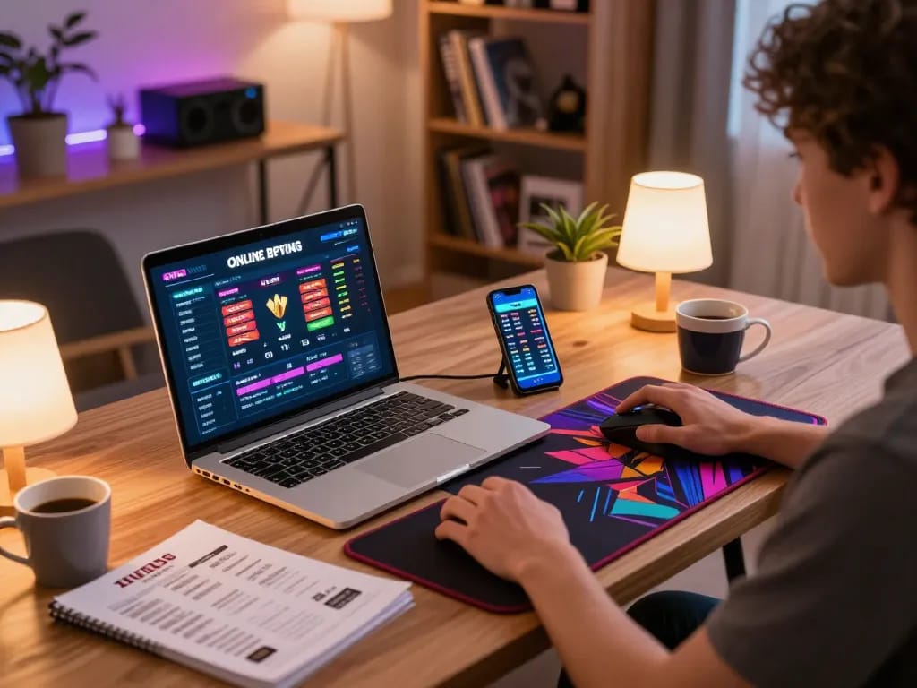 Engaging scene of a user enjoying VN23 online betting experience at home using a laptop and smartphone.
