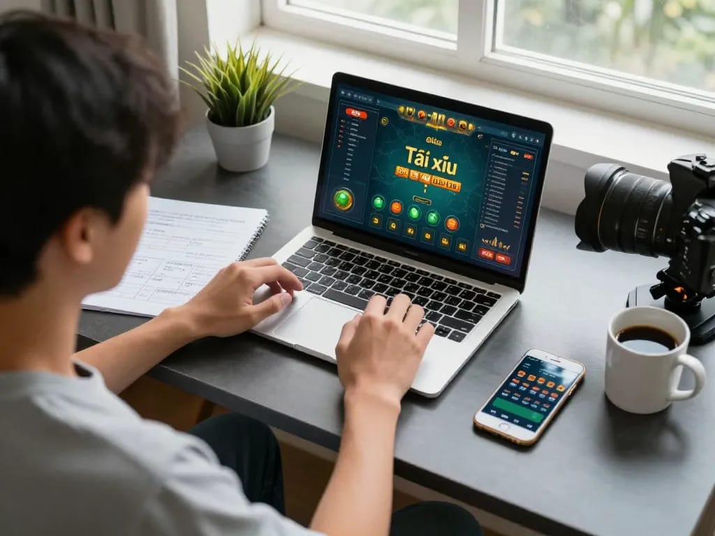 Tài xỉu online gaming session with player strategizing at home desk