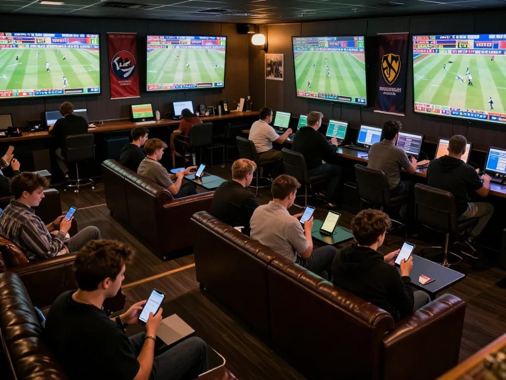 Soi Kèo enthusiasts analyzing real-time betting odds in a vibrant sports betting lounge