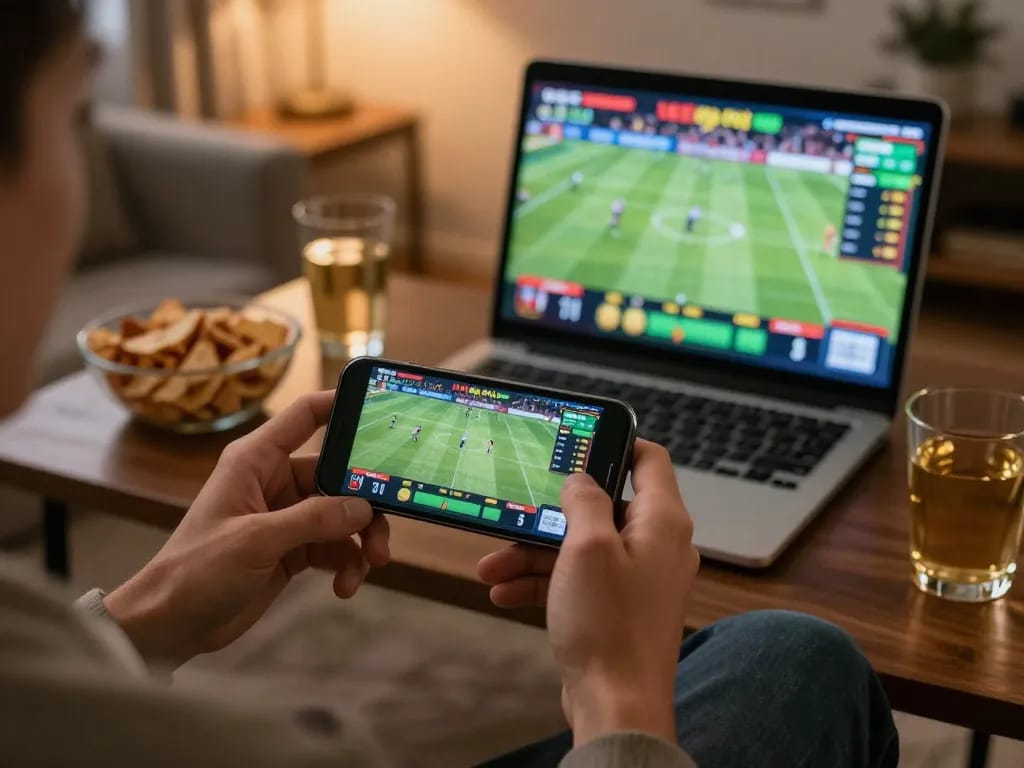 Experience thrilling live betting on 777VIP in a cozy home setting with sports on screen.