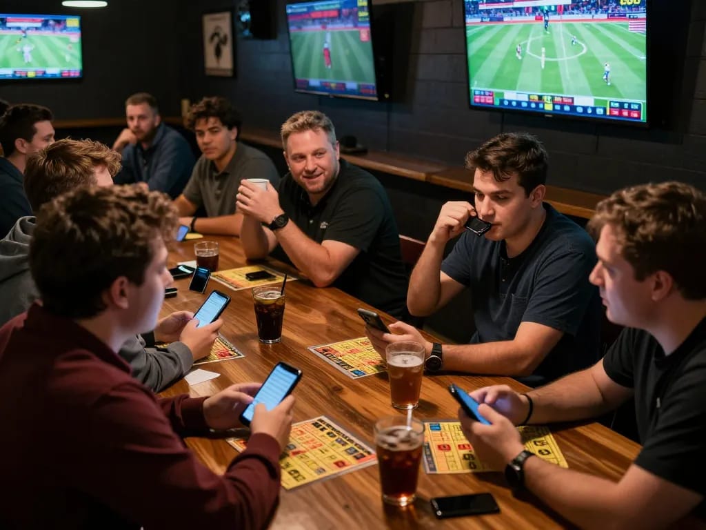LLWIN users actively engaged in sports betting with smartphones and game screens in a vibrant sports bar.