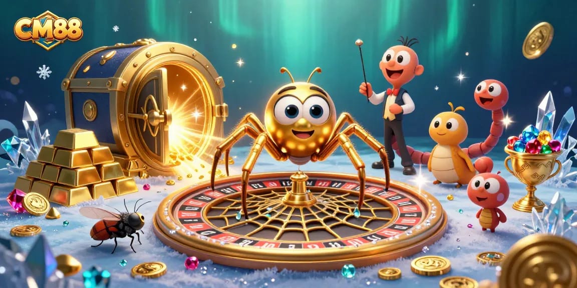 CM88 engages players with a thrilling casino atmosphere, showcasing a spider, fly, and centipede in action.