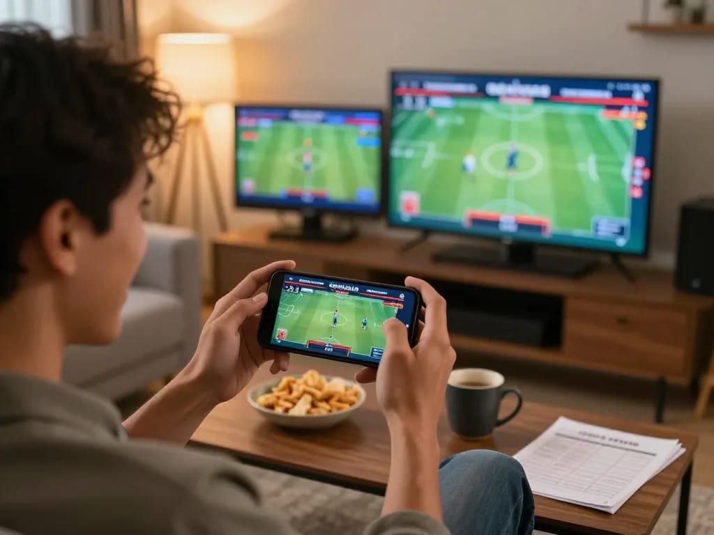 Engaging online sports betting experience with jagoan86 smartphone interface in cozy living room.