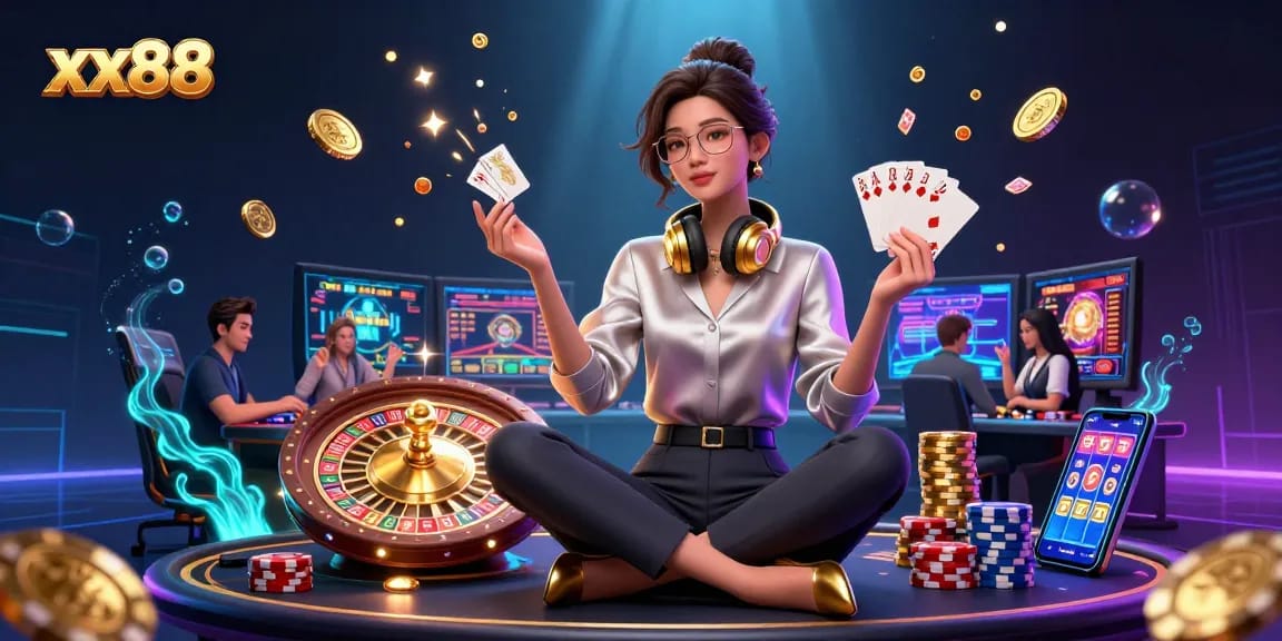 Experience immersive gaming at xx88 with a stunning illustration of a skilled player at a high-tech setup.