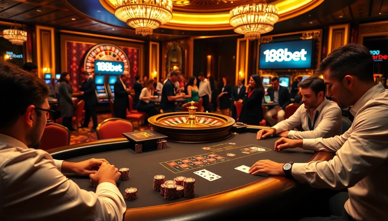 Experience high-stakes poker at 188bet casino with vibrant chips and cards on a luxurious table.