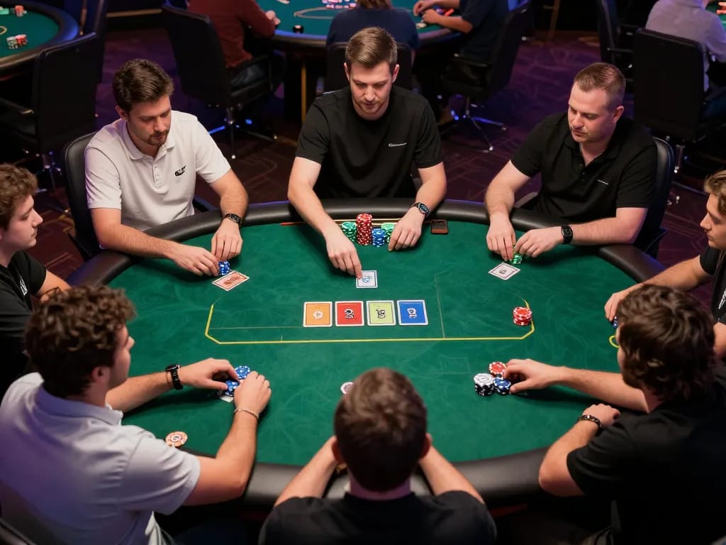 Engaged players competing in an RR88 poker tournament at a modern casino venue.