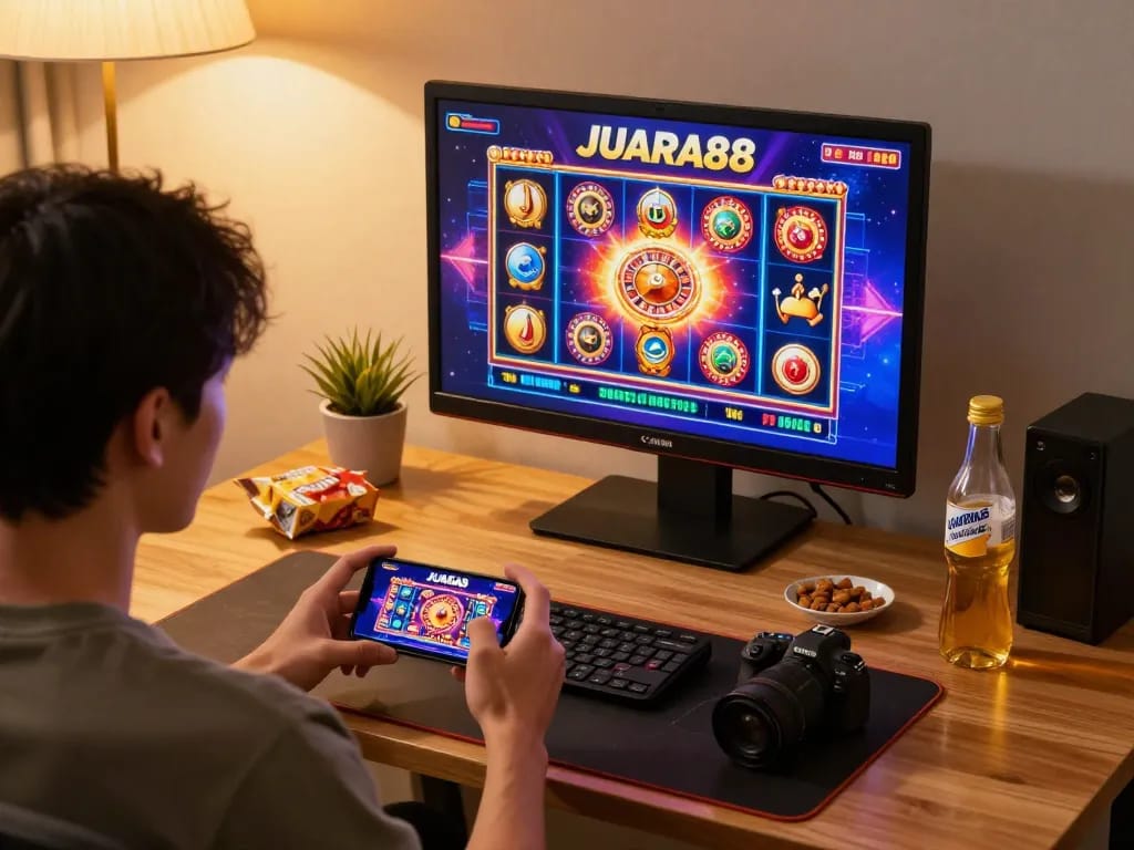 Experience excitement with JUARA88 on mobile, showing a player engaged in lively online slot game.