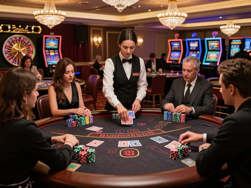 Players at the sin88 blackjack table strategizing their next moves in a luxurious casino setting.