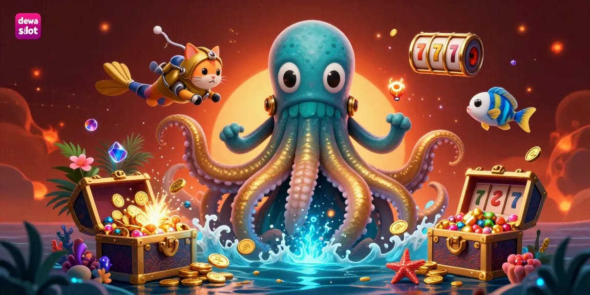 Dive into dewa slot action with a vibrant scene of a kraken, diving cat, and glowing fish amidst treasure and slot reels.
