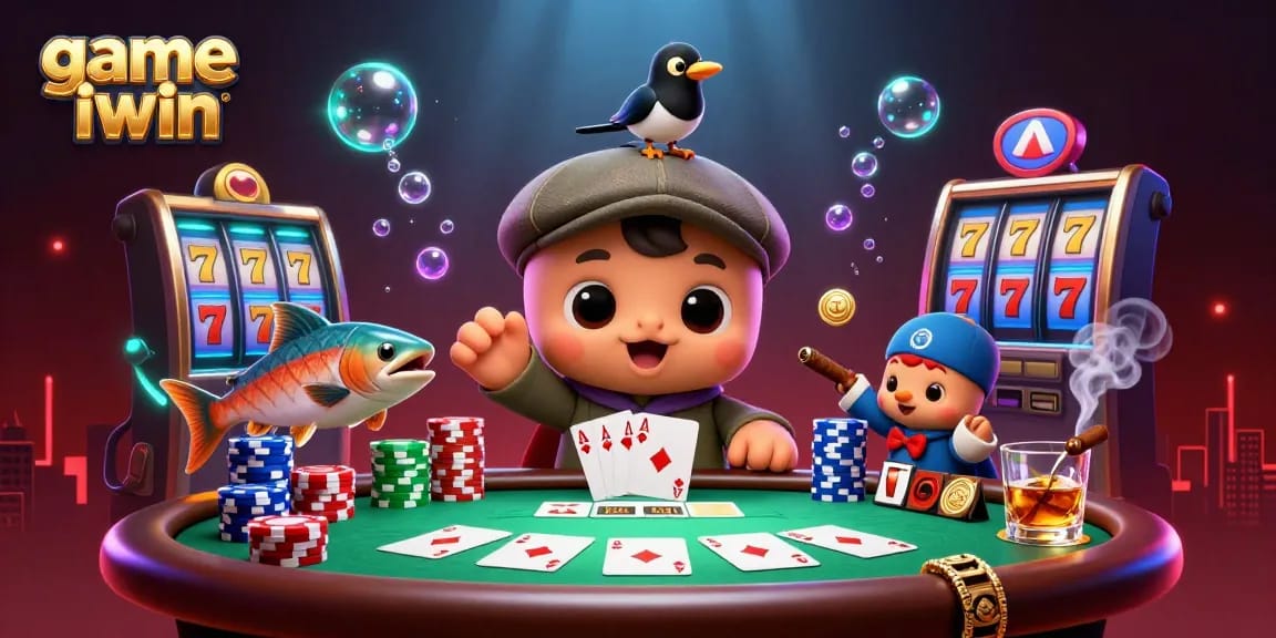 Engage with game iwin amid playful characters and vibrant casino elements in this dynamic illustration.