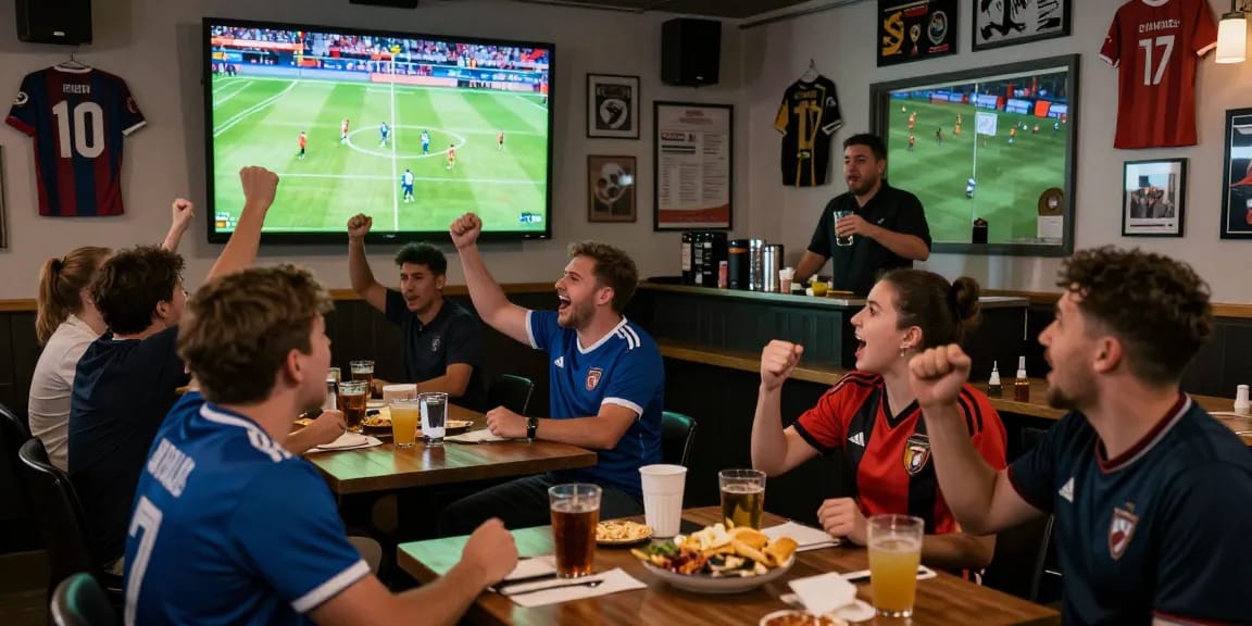 Exciting atmosphere at موقع IHD Sports live match viewing in sports bar