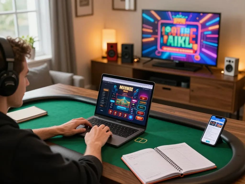 Engaged player enjoying sun win odds at their online poker game with strategic notes