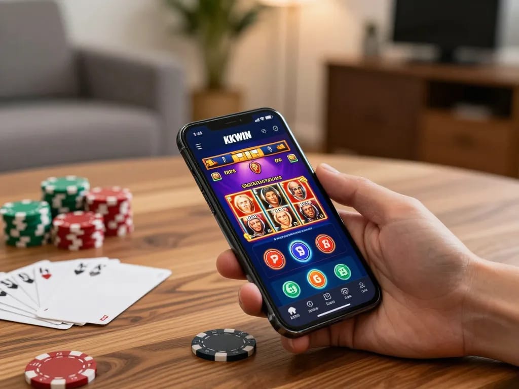 Engaging gameplay on the KKWIN app, featuring vibrant online poker graphics in a cozy home setting.