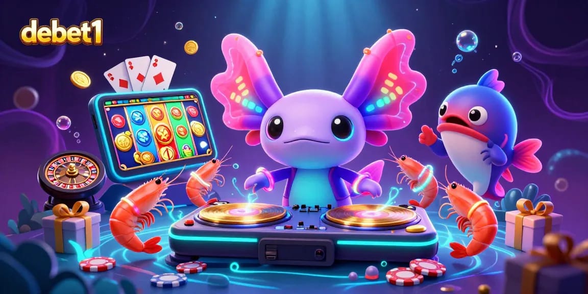 Spin the reels with debet1 featuring a vibrant axolotl DJ and energetic sea creatures.