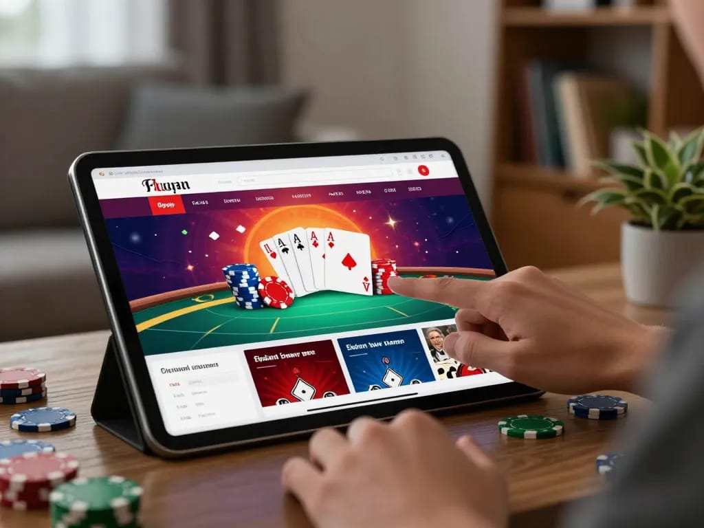 Engaging in online poker gameplay on a tablet featuring tr88 casino platform, cozy home environment