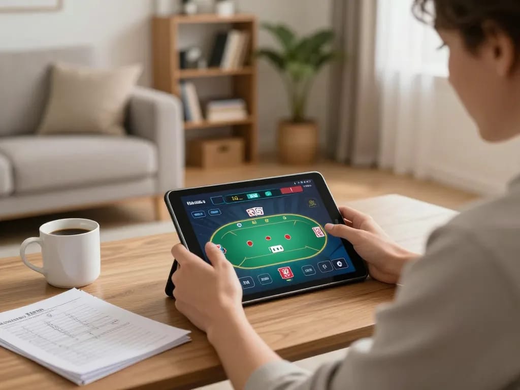 CM88 player strategizing poker tactics at home on tablet, promoting responsible online gambling