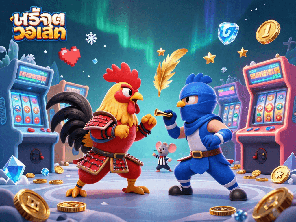 Experience exciting สล็อตวอเลท gameplay with vibrant roosters, slot machines, and dazzling effects in a dynamic casino scene.
