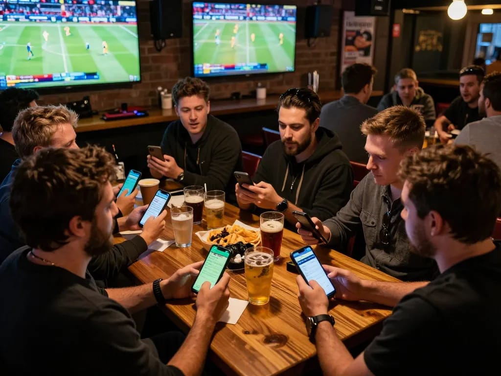 Engaged sports bettors checking odds on Okwintv app at a vibrant sports bar, showcasing excitement.