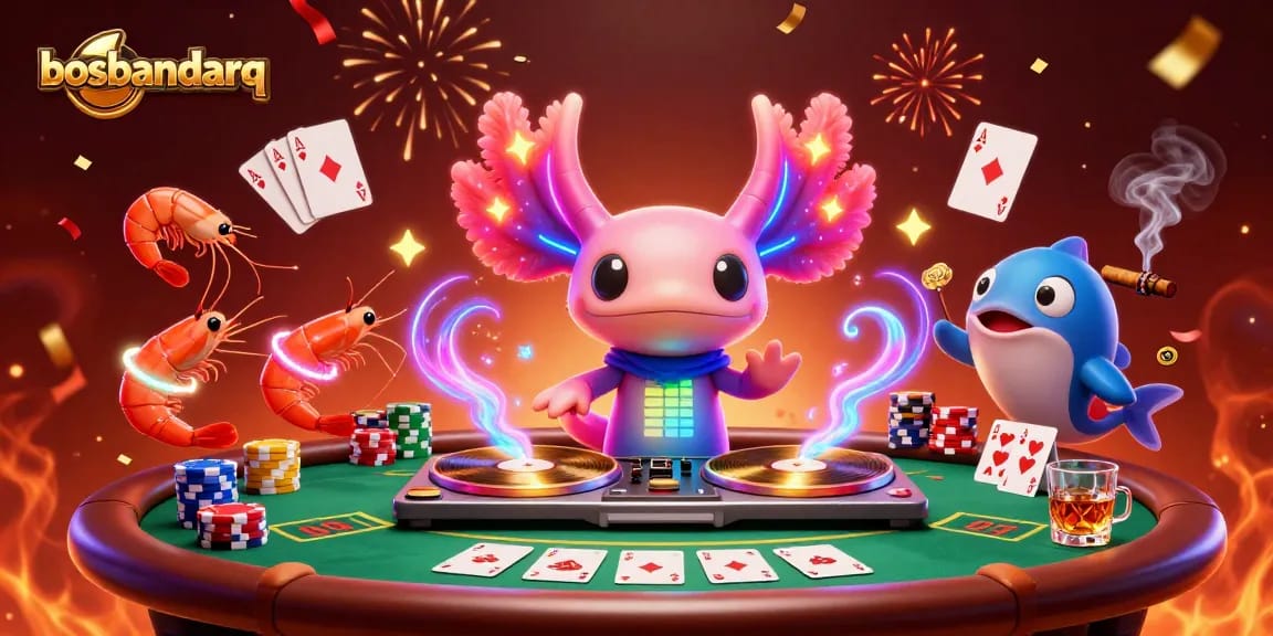 Experience exciting gameplay at bosbandarq with a neon-colored DJ and vibrant poker elements.
