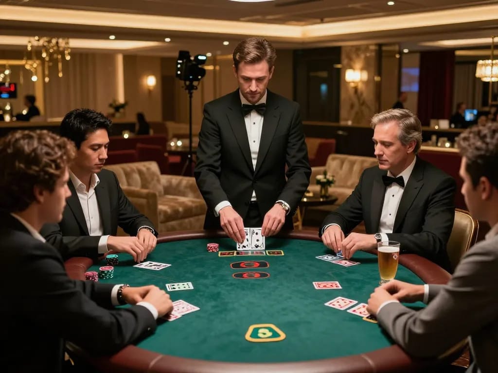 Strategically playing blackjack at 32win casino table with elegant decor and engaged players.
