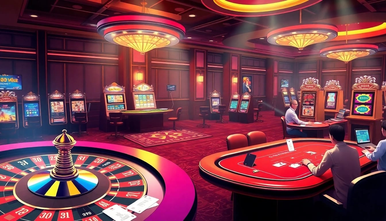 Experience the luxury of 88aa with vibrant casinos featuring roulette wheels and slot machines.