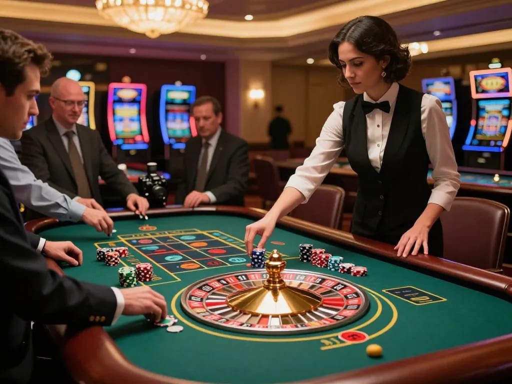 Players engaging with roulette table at hm88 casino, capturing the excitement of gameplay.