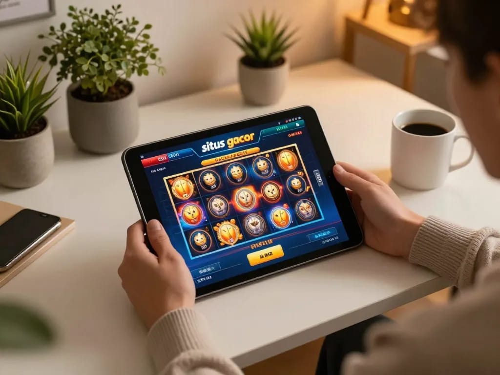 Engaging in situs gacor online slot gaming with a tablet in a cozy home setting.