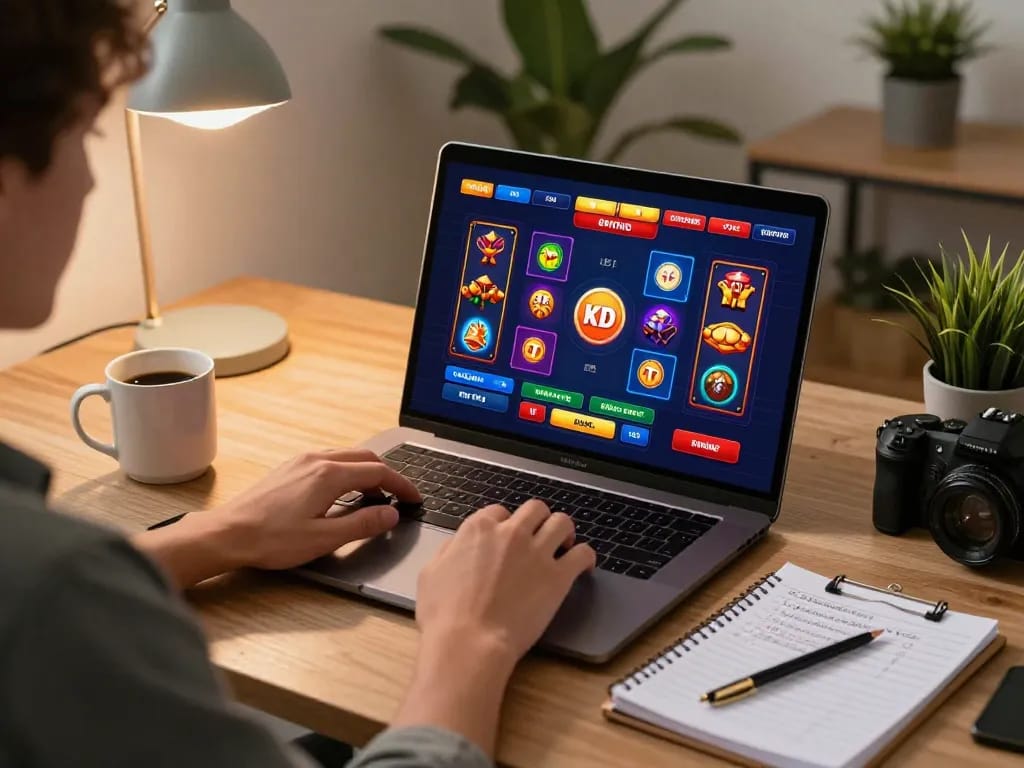 Gambling on kdtoto from a modern home office, highlighting a player's online betting interface and strategic notes.