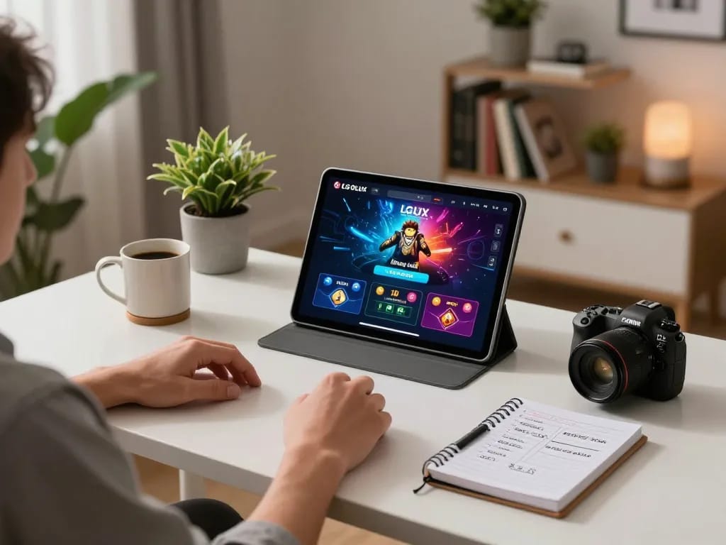 Players enjoying LGOLUX online gaming experience on a modern tablet in a cozy home office setup.