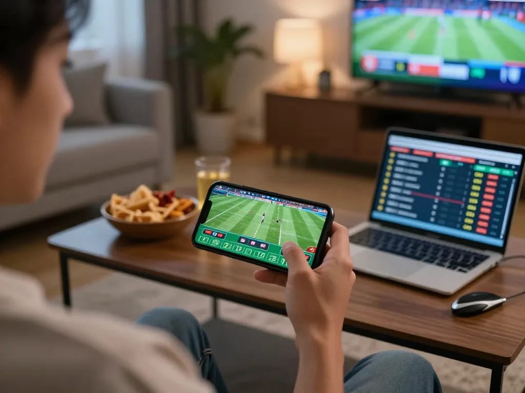 Kèo nhà cái 5 displayed on a smartphone during an energizing sports betting session at home