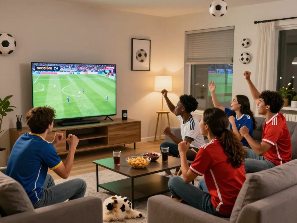 Group of friends watching socolive tv live match with excitement and snacks