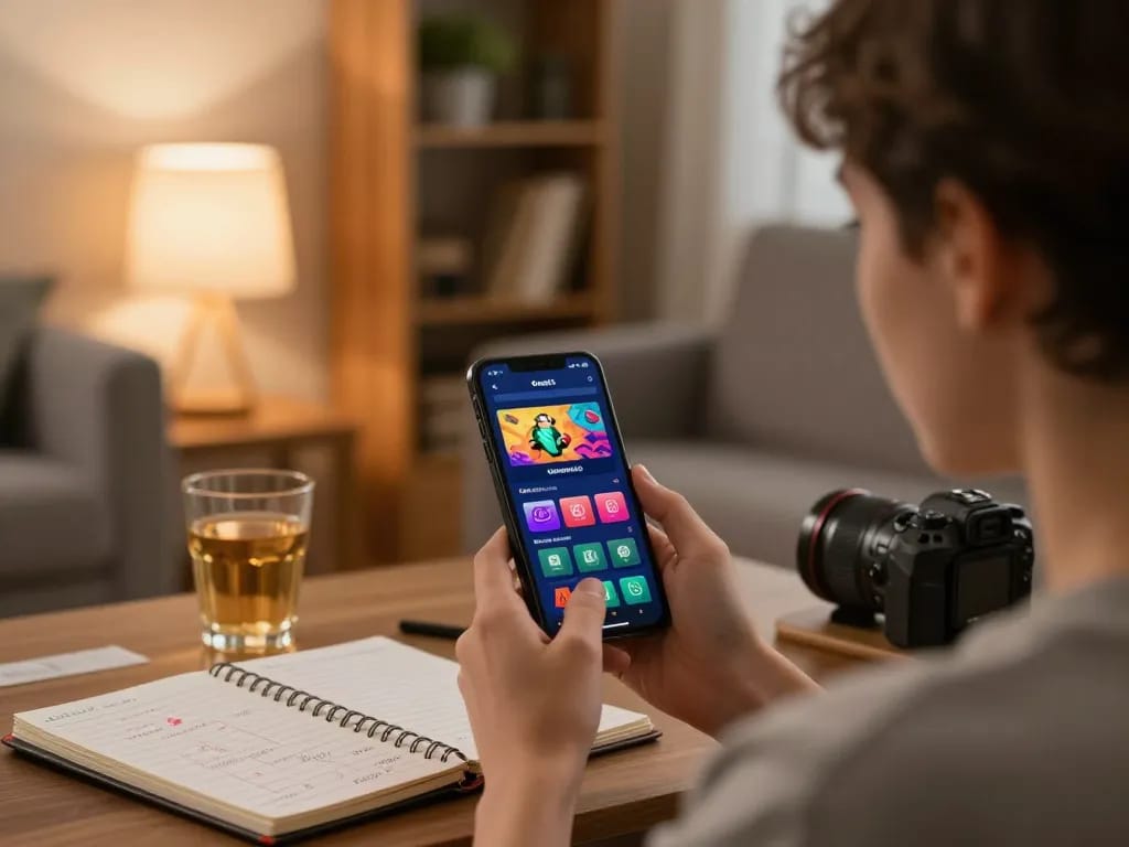 Engaging moment with done55 app on smartphone in cozy home setting, promoting responsible gaming.