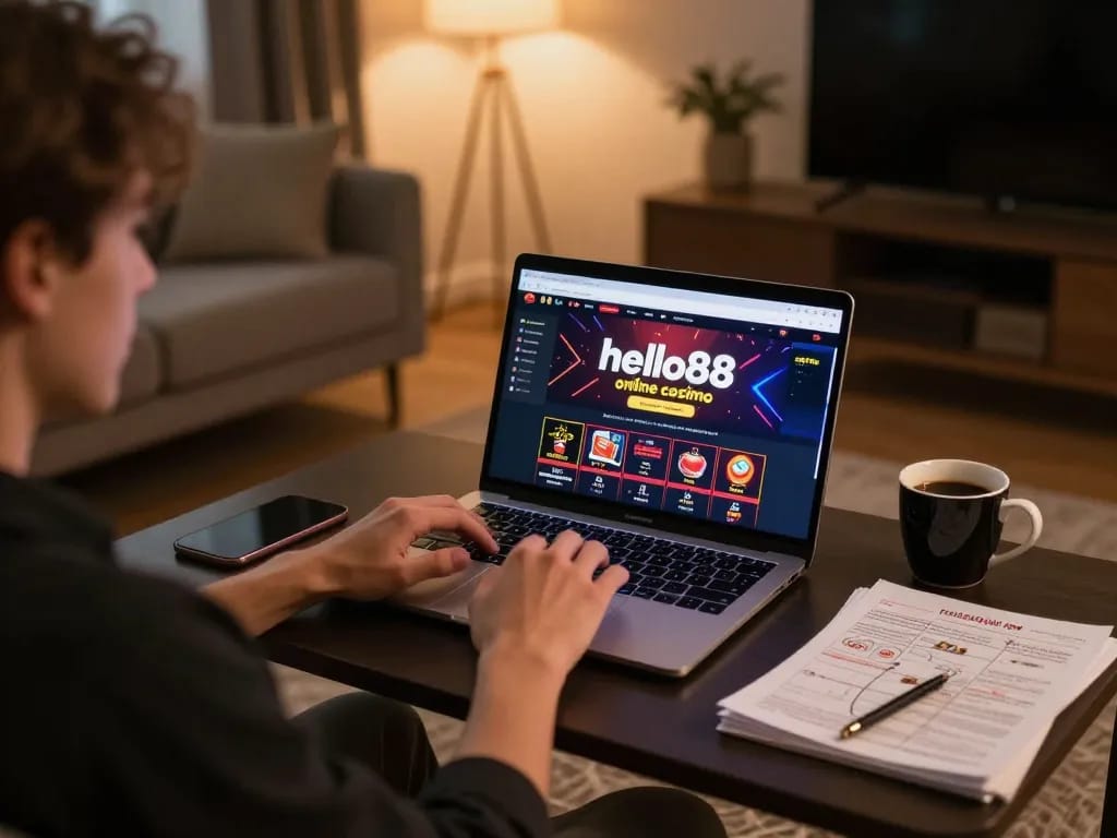 Engaging moment of a player enjoying hello88 online casino experience on a laptop at home.